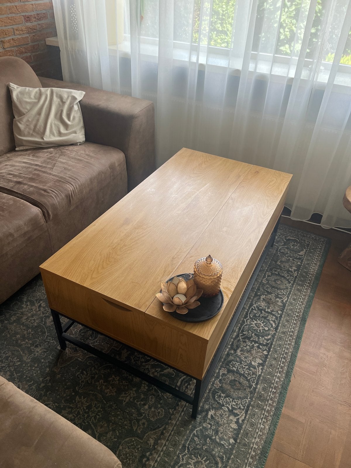 Salontafel hout met metalen poten, opklapbaar en opbergruimt, Ophalen, 100 tot 150 cm, 50 tot 100 cm, Zo goed als nieuw