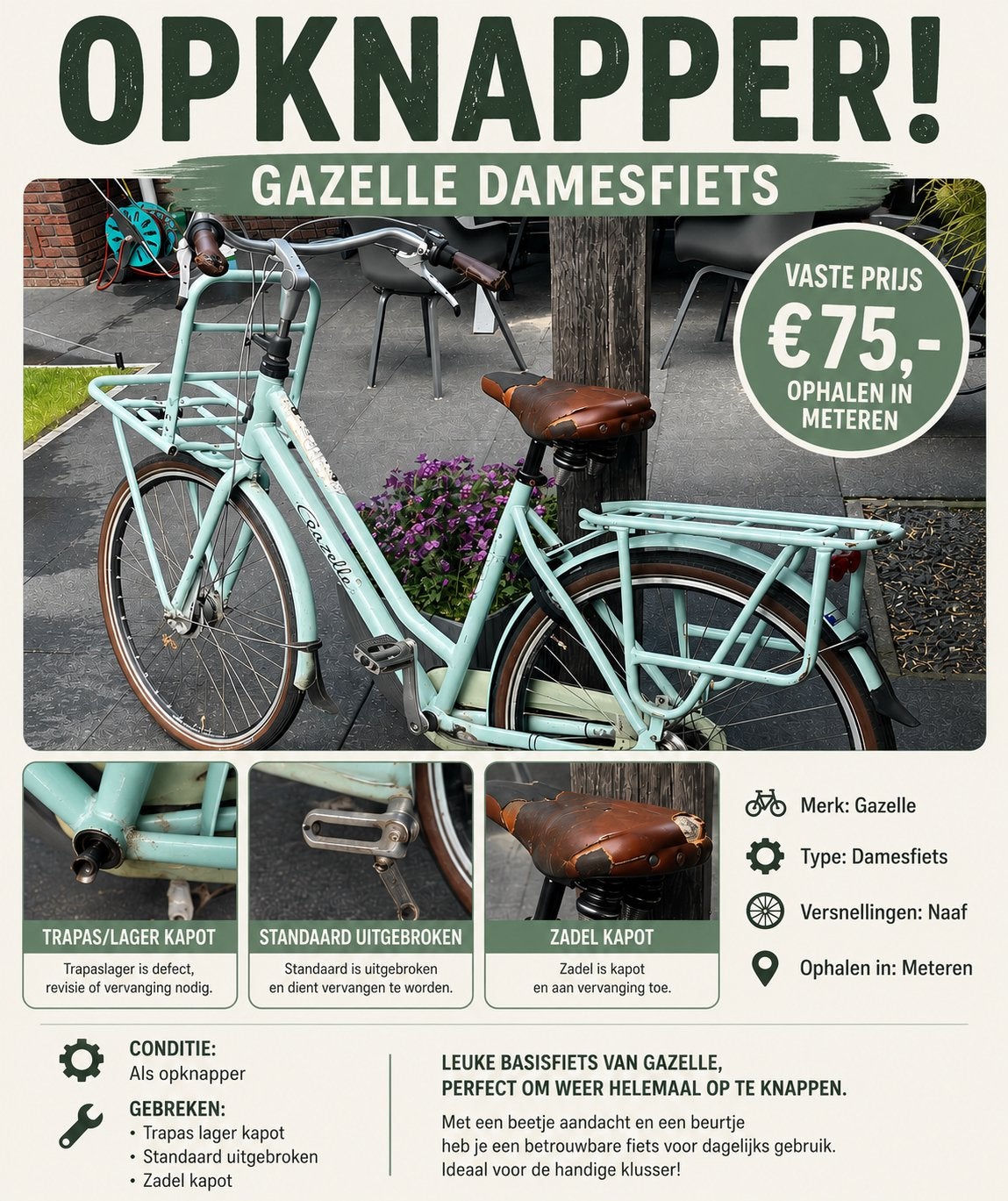 Gazelle Damesfiets - Opknapper, Ophalen, Terugtraprem, Versnellingen, Gazelle