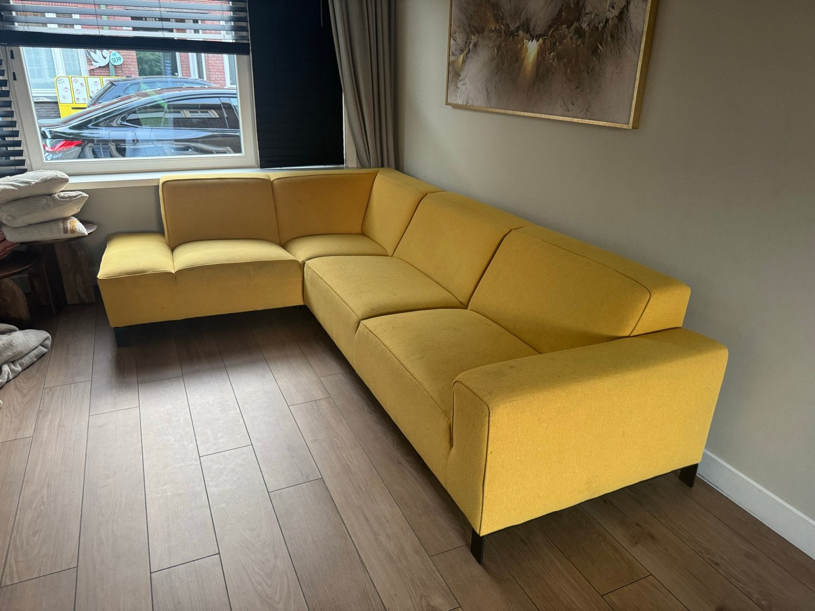 GRATIS Gele hoekbank, 250 tot 300 cm, Gebruikt, 100 tot 125 cm, Hoekbank