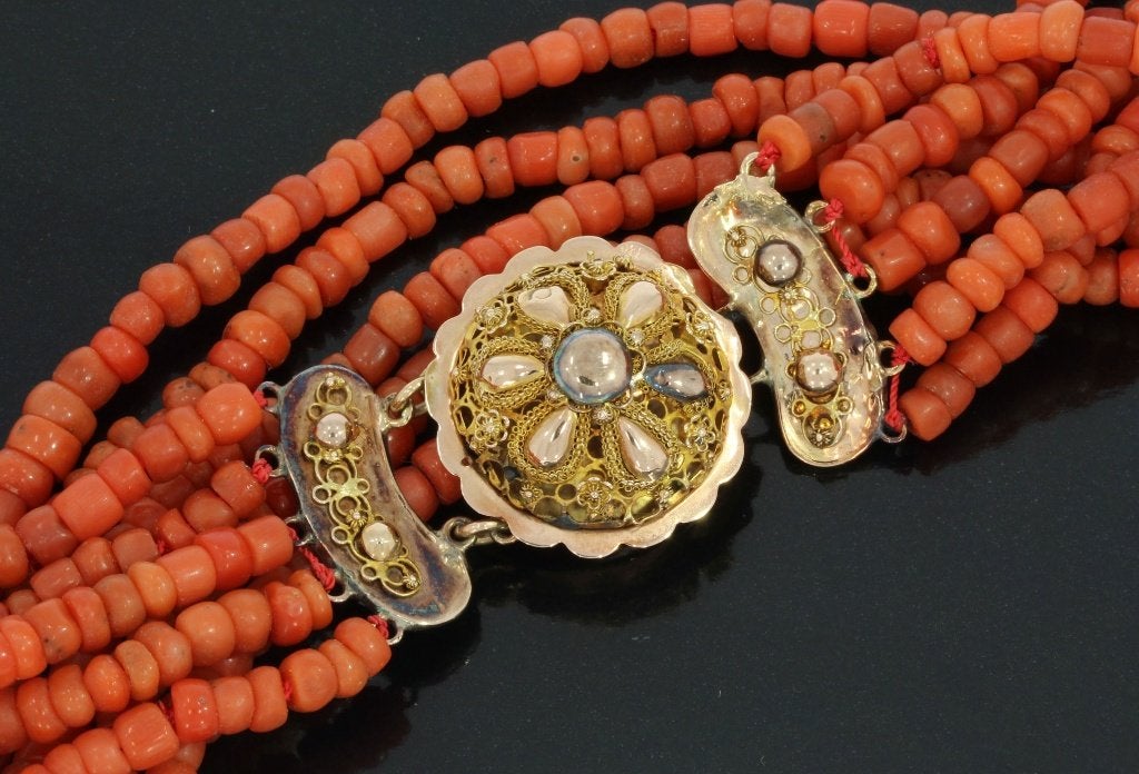 Bloedkoraal antieke ketting 14k slot goud zeer fraai dames, Sieraden, Tassen en Uiterlijk, Antieke sieraden, Ophalen of Verzenden