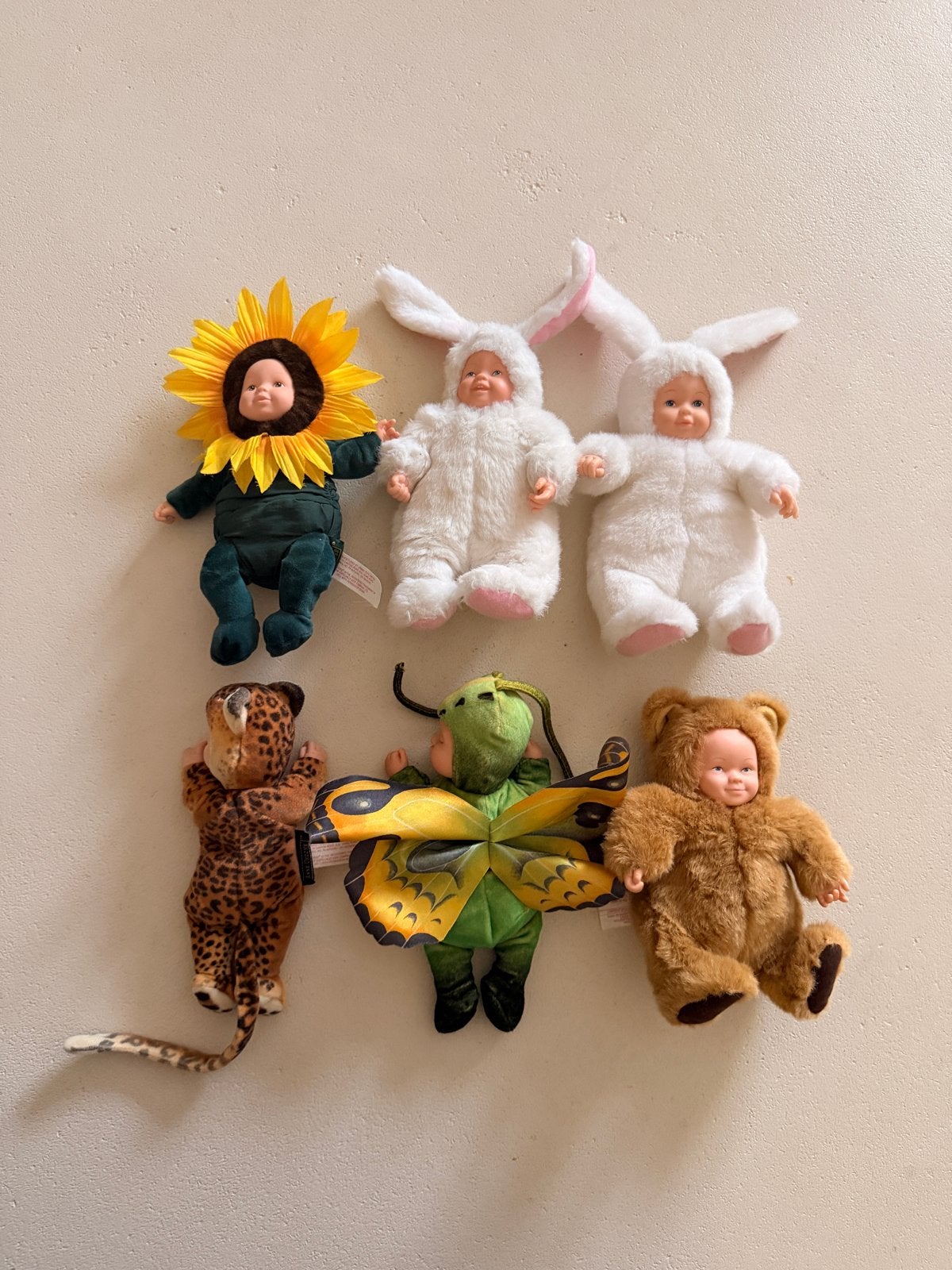 Set van 6 Anne Geddes babypoppen in dierenkostuums, Ophalen of Verzenden, Zo goed als nieuw, Babypop