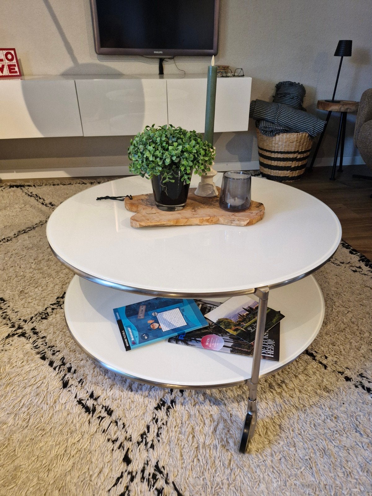 Ronde salontafel melkglas en RVS, Ø75cm, 40cm hoog, Ophalen, Gebruikt, 50 tot 100 cm, Rond