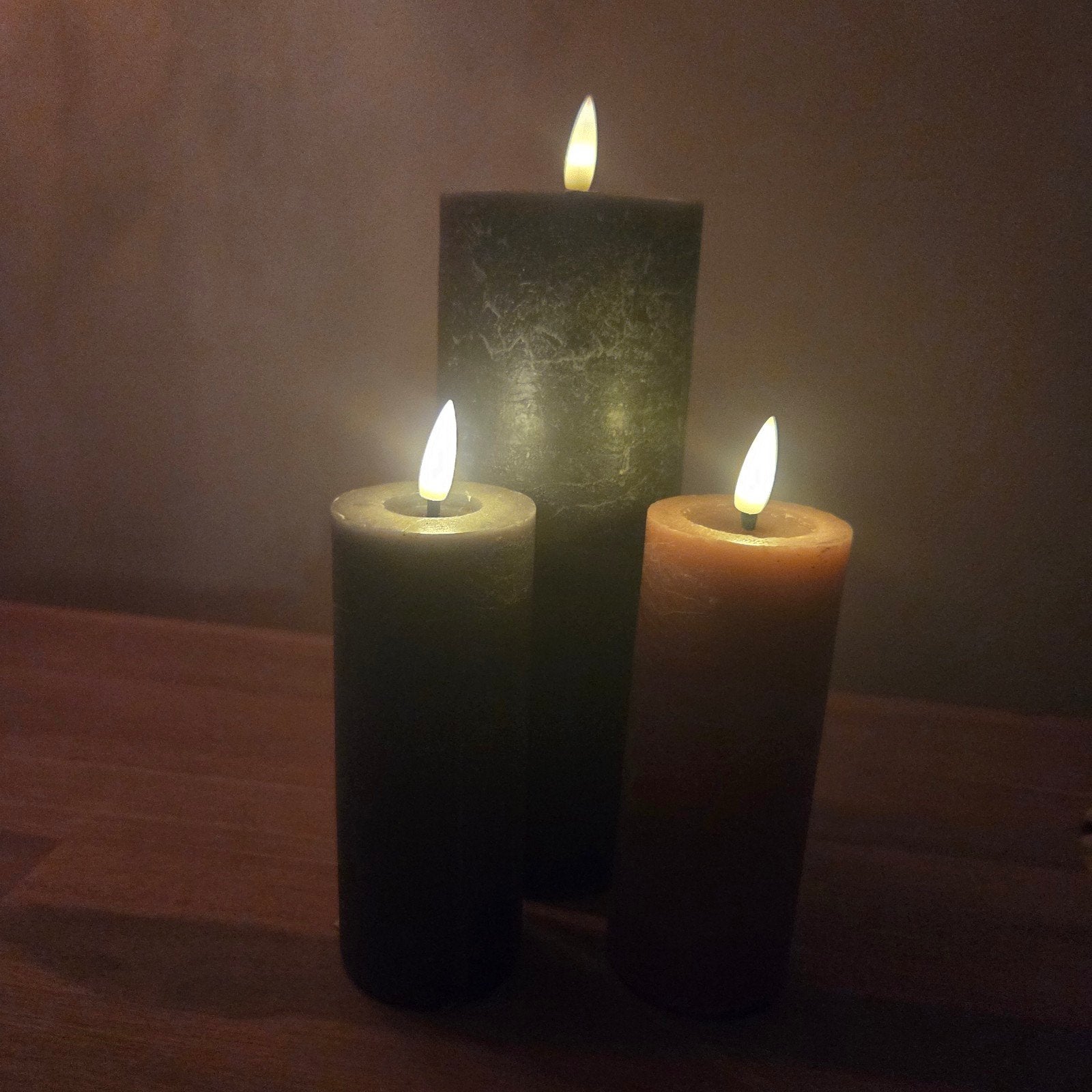 3 x Rustieke kaarsen met nep licht AA batterij bruin zwart, Bruin, Natuurlijk materiaal, Nieuw, Ophalen of Verzenden