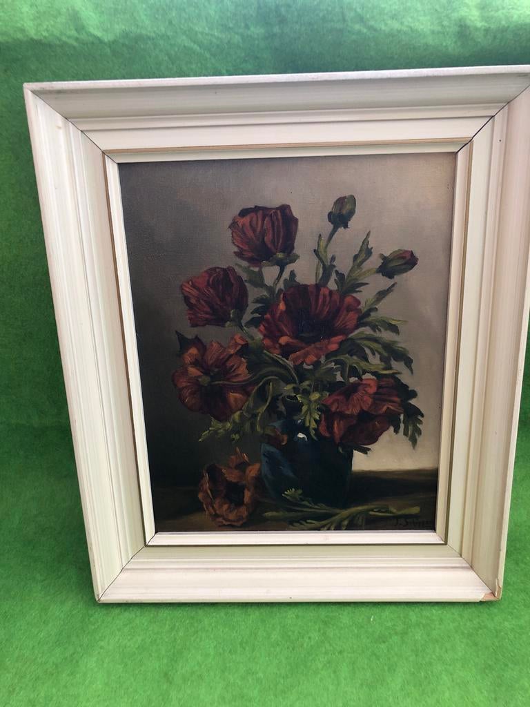 Schilderij met rode klaprozen in vaas, J. Schipper, Ophalen