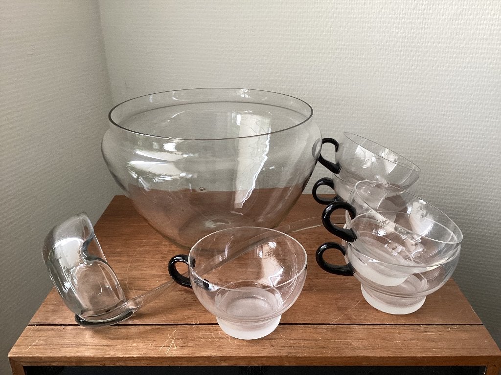 Copier glazen Art Deco bowlschaal en kopjes lepel Leerdam, Ophalen of Verzenden