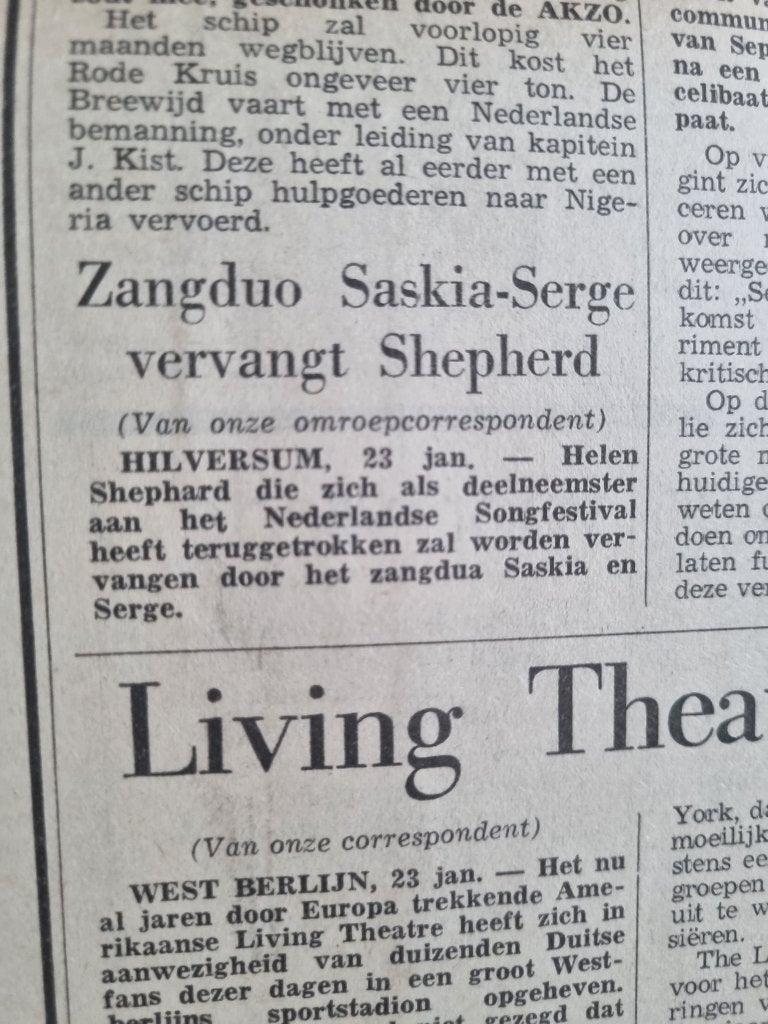 Saskia & Serge op het Nationaal Songfestival (1970), Ophalen of Verzenden, 1960 tot 1980, Knipsel(s)