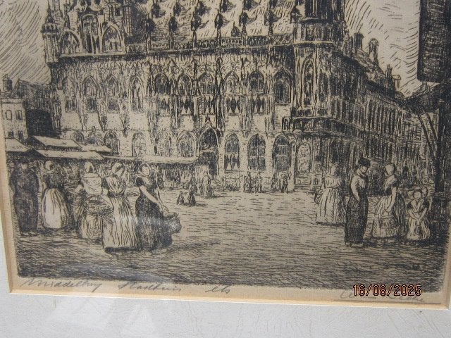 MIDDELBURG, Ets van Wim Beeke, Stadhuis/mensen Klederdracht., Ophalen, Ets