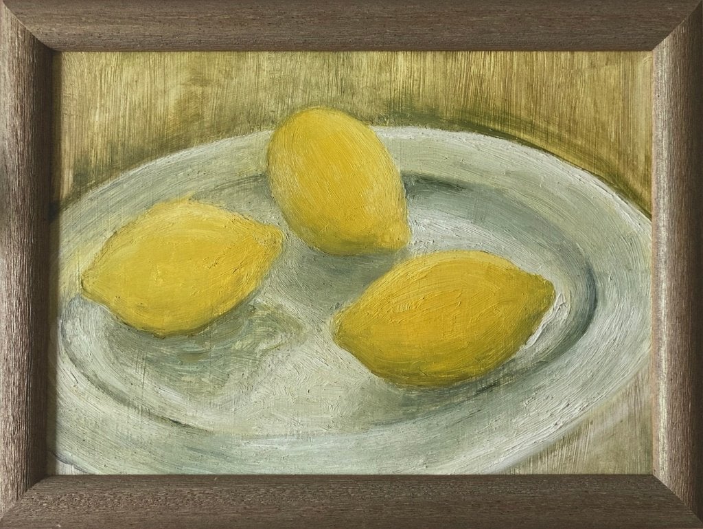 Schilderijtje 3 citroenen op wit bord, Overige ondergronden, Stilleven, Ophalen of Verzenden, Olieverf