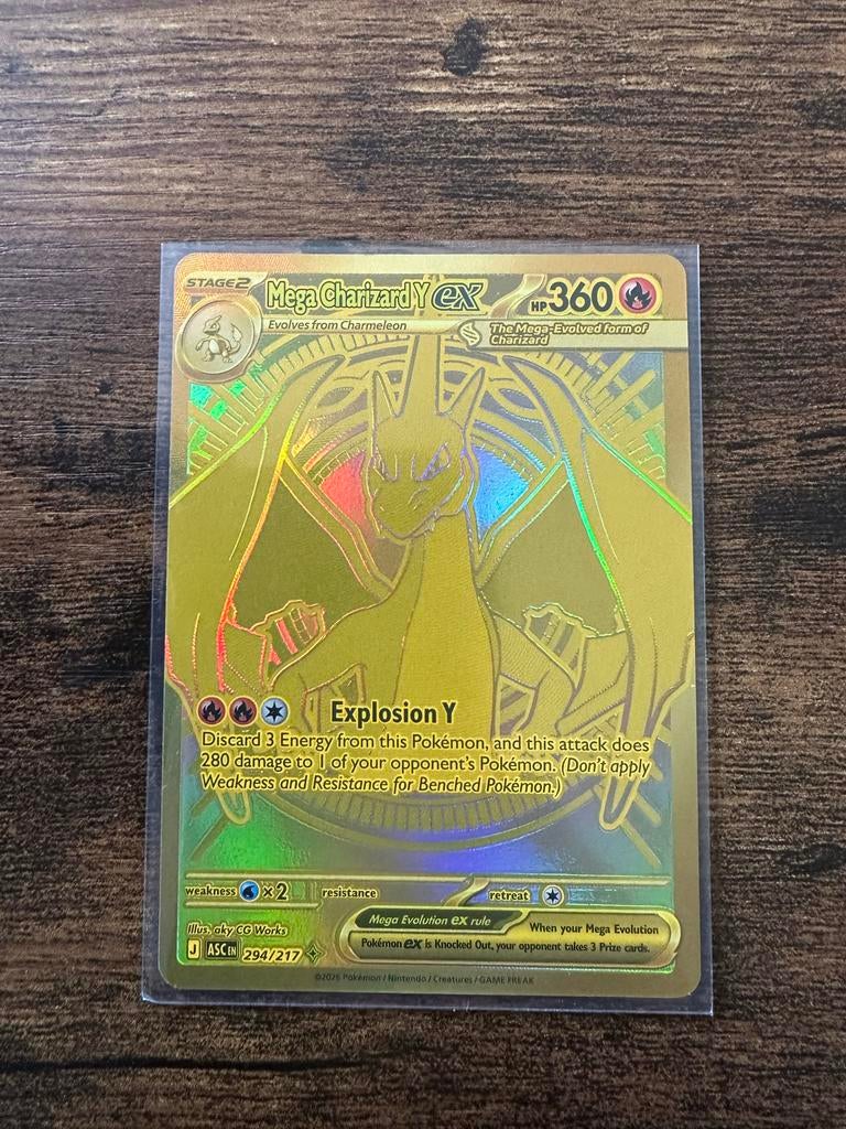 Mega Charizard Y EX Pokémon Kaart - Gouden Foil, Ophalen of Verzenden, Zo goed als nieuw, Losse kaart, Foil