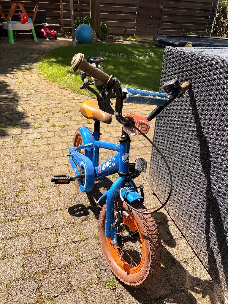 Amigo BMX 12 inch kinderfiets blauw/oranje - ophalen, Fietsen en Brommers, Terugtraprem, Gebruikt, Ophalen of Verzenden, Minder dan 16 inch