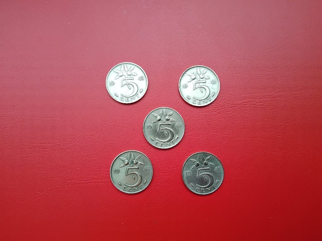 5x 5 cent (stuivers) 1948 met Koningin Wilhelmina, Ophalen of Verzenden, Koningin Juliana, 5 cent, Losse munt