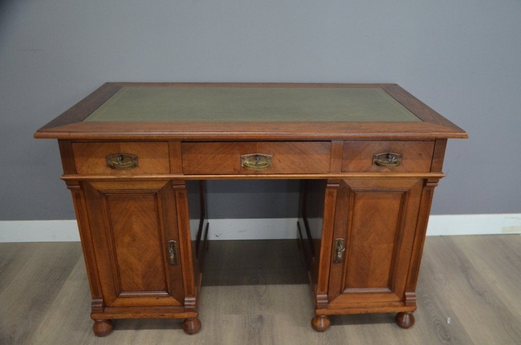 Mahonie bureau met groen leer, 127 cm, Met lades, Gebruikt, Ophalen of Verzenden