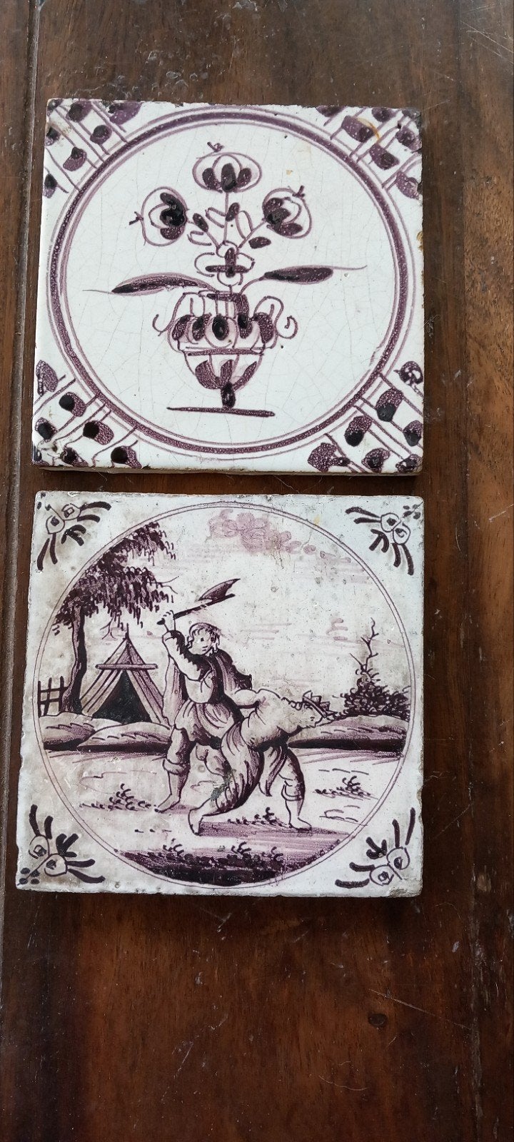 Set van 2 antieke 18e eeuwse tegels-mangaan, Ophalen