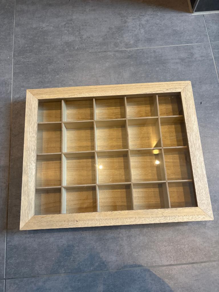 Grote theedoos met 20 vakjes - Hout en glas, Ophalen, Zo goed als nieuw, Bruin, Hout