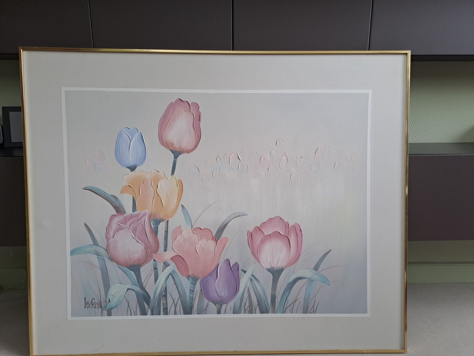 Schilderij Olieverf Tulpen 153x123cm met Gouden Lijst, Ophalen, Bijzondere lijst, Olieverf, Bloemen