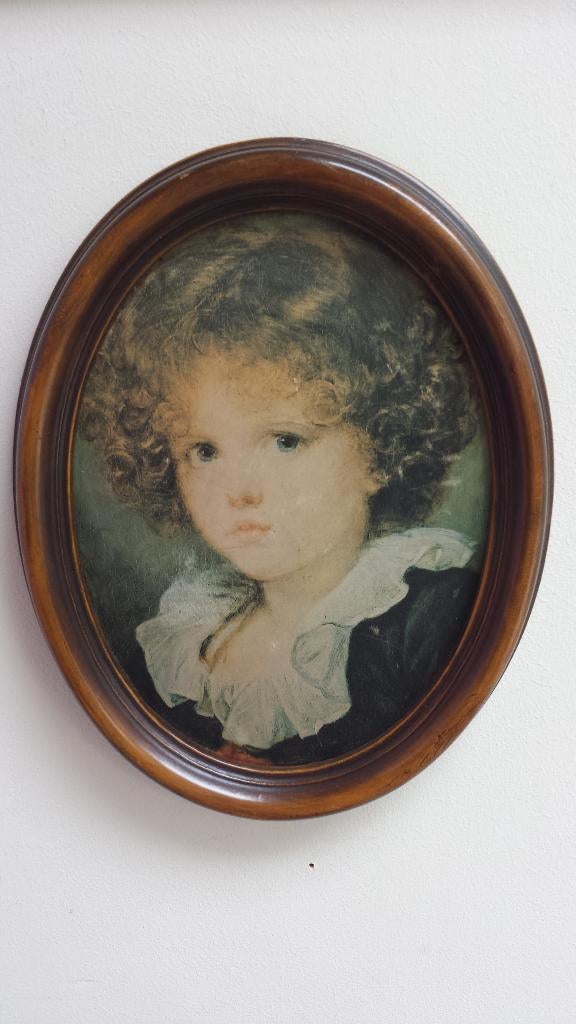 Brocante SCHILDERIJ ~ Jongen met Rode Vest ~ op ZIJDEN stof, Antiek en Kunst, Curiosa en Brocante, Ophalen of Verzenden