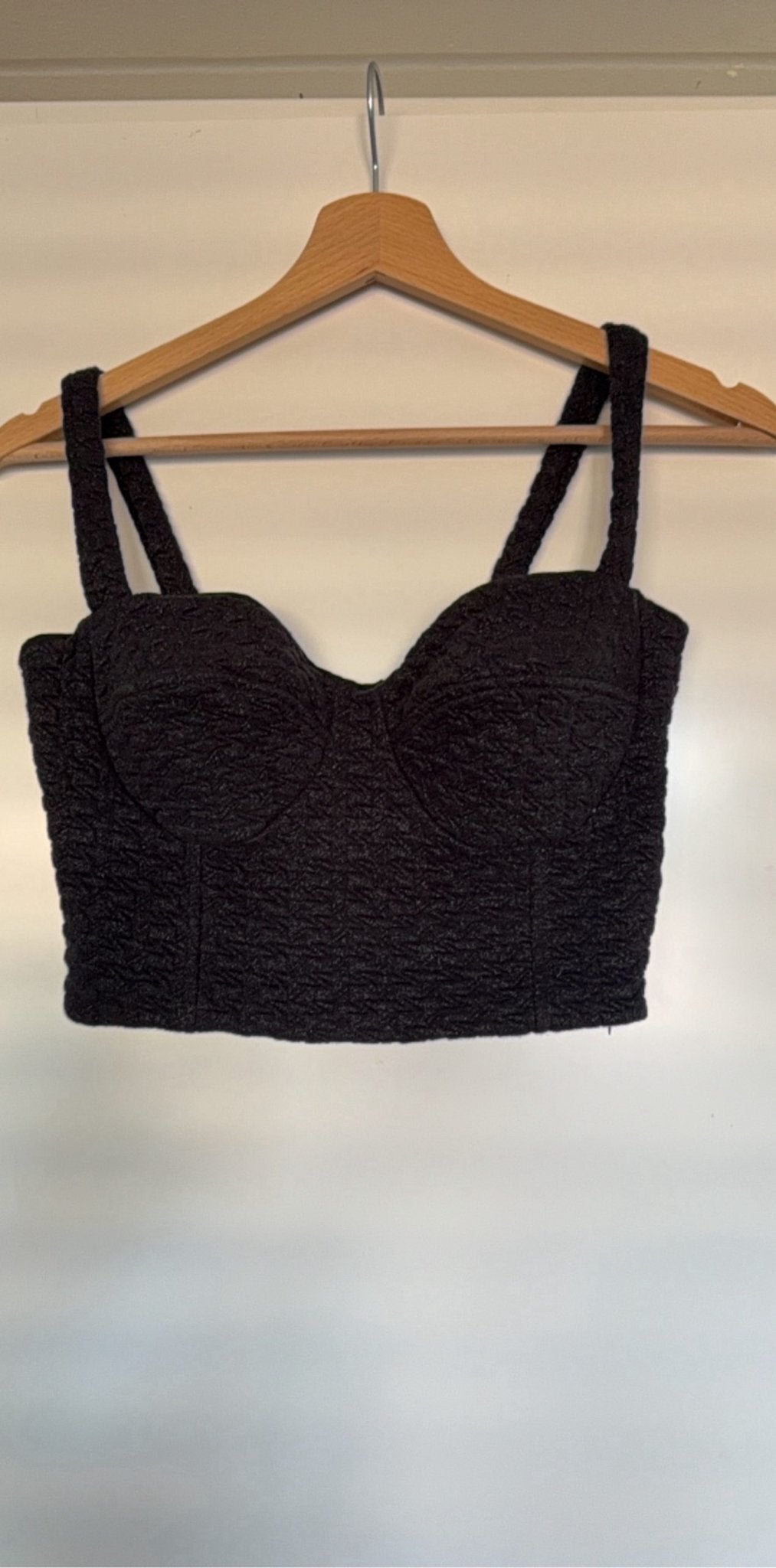 Sexy Zwarte Textuur Glitter Bustier Crop Top Small met Gevoe, Ophalen of Verzenden, Gedragen, Maat 36 (S)