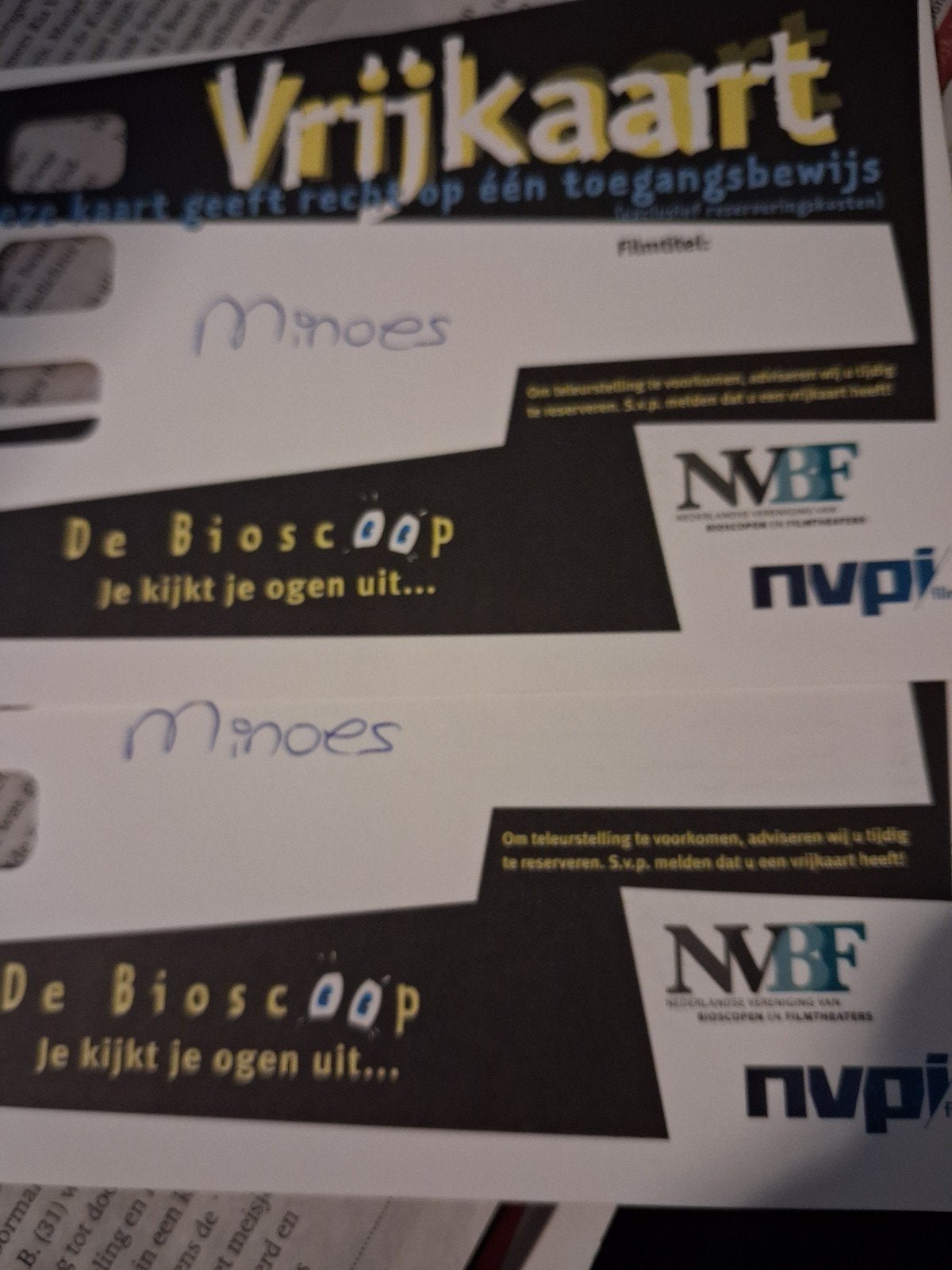 2 vrijkaartjes minoes, Twee personen, Vrijkaartje specifieke film