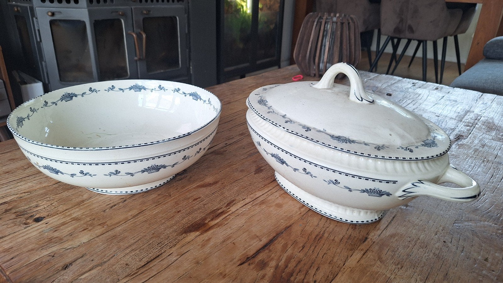Antieke Salins P.F. terrine en schaal, blauw decor, Ophalen