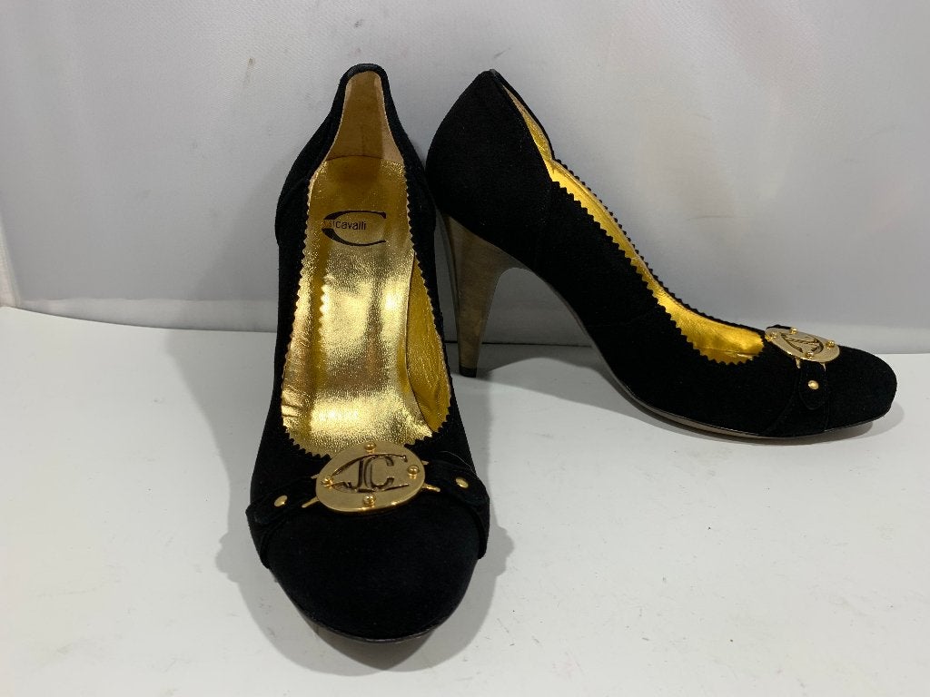 Just Cavalli, maat 37,5. Chique zwart met gouden suède pumps, Kleding | Dames, Verzenden, Zwart, Zo goed als nieuw, Schoenen met hoge hakken