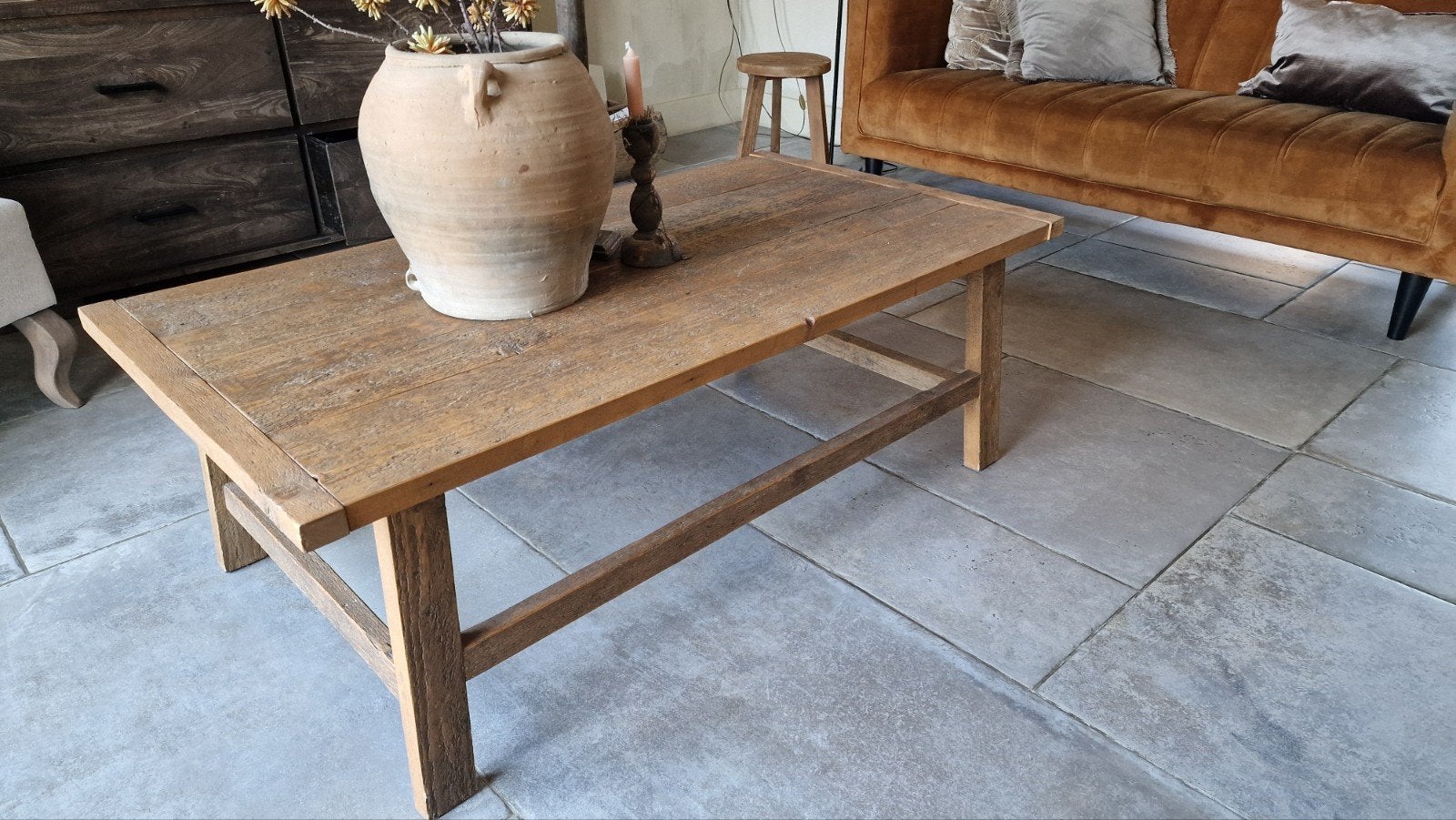 Landelijke Salontafel van oud hout - 129x70x45 cm, Huis en Inrichting, Ophalen, Gebruikt, 100 tot 150 cm, Landelijke, Rustieke