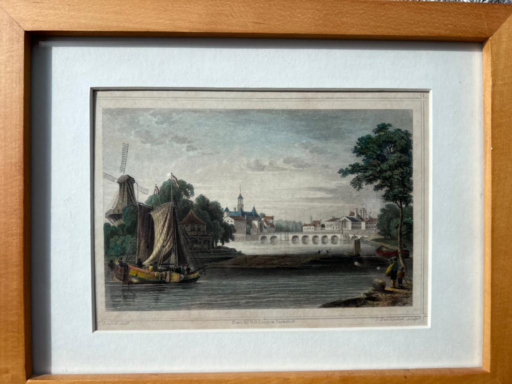 Antieke handgekleurde ets in lijst - Landschap met molen, Antiek en Kunst, Handgekleurd, 1800 - 1899, Ets, Ophalen of Verzenden