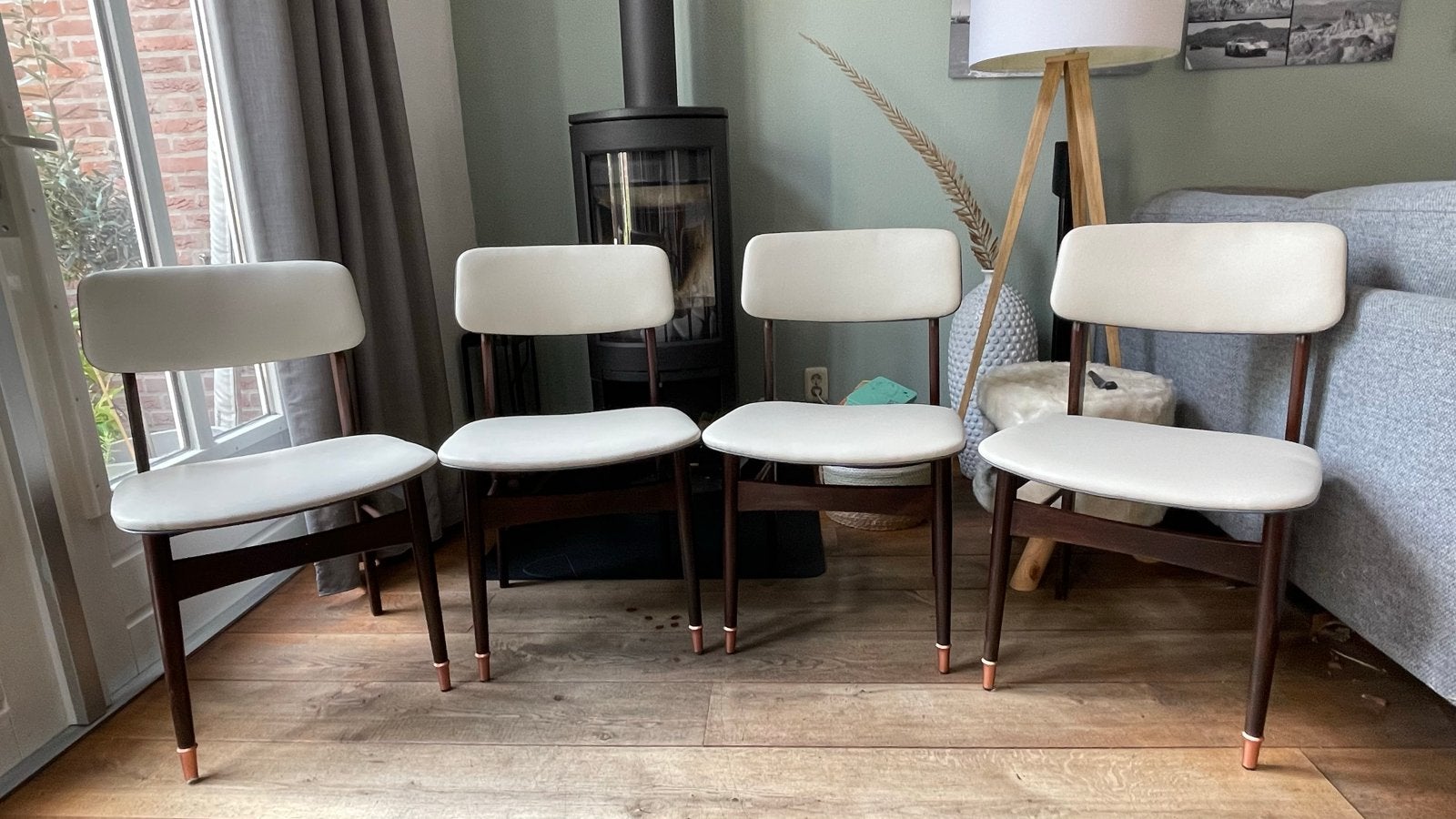 4 Vintage Eetkamerstoelen Gebr. Verhoeff - Gerestaureerd, Huis en Inrichting, Ophalen of Verzenden, Zo goed als nieuw, Vier, Grijs