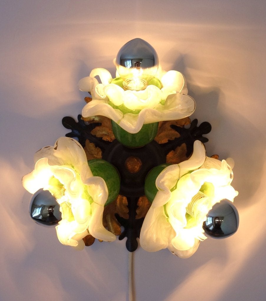 Vintage plafondlamp Murano Floral Frans Italiaans glas, Gebruikt, Vintage, Ophalen of Verzenden, Glas