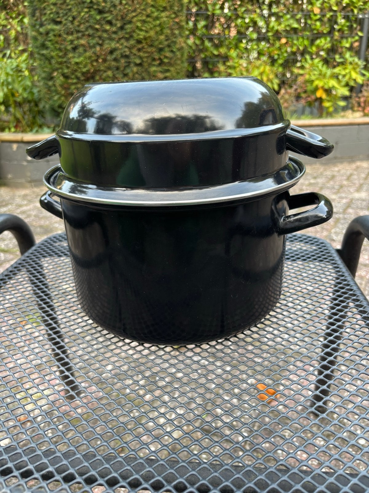 Zwarte Mosselpan met Deksel - Emaille, Ophalen, Gebruikt, Met deksel, Overige typen