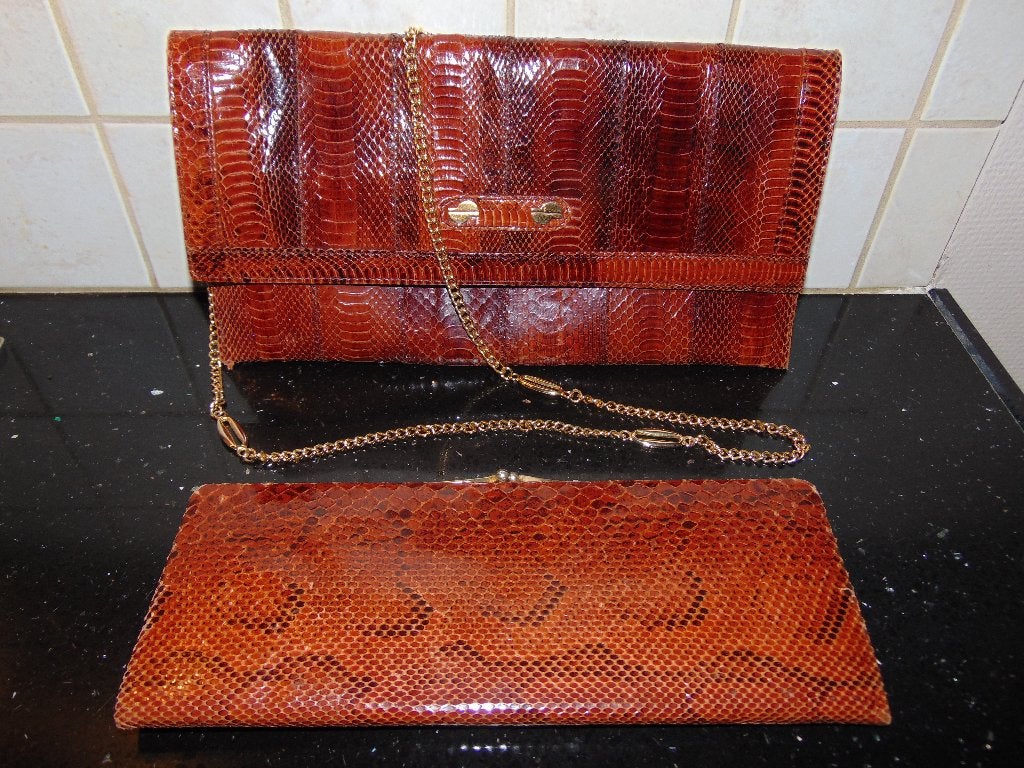 Vintage handtas met clutch in slang Luis Esteve, Ophalen of Verzenden, Gebruikt, Bruin, Handtas