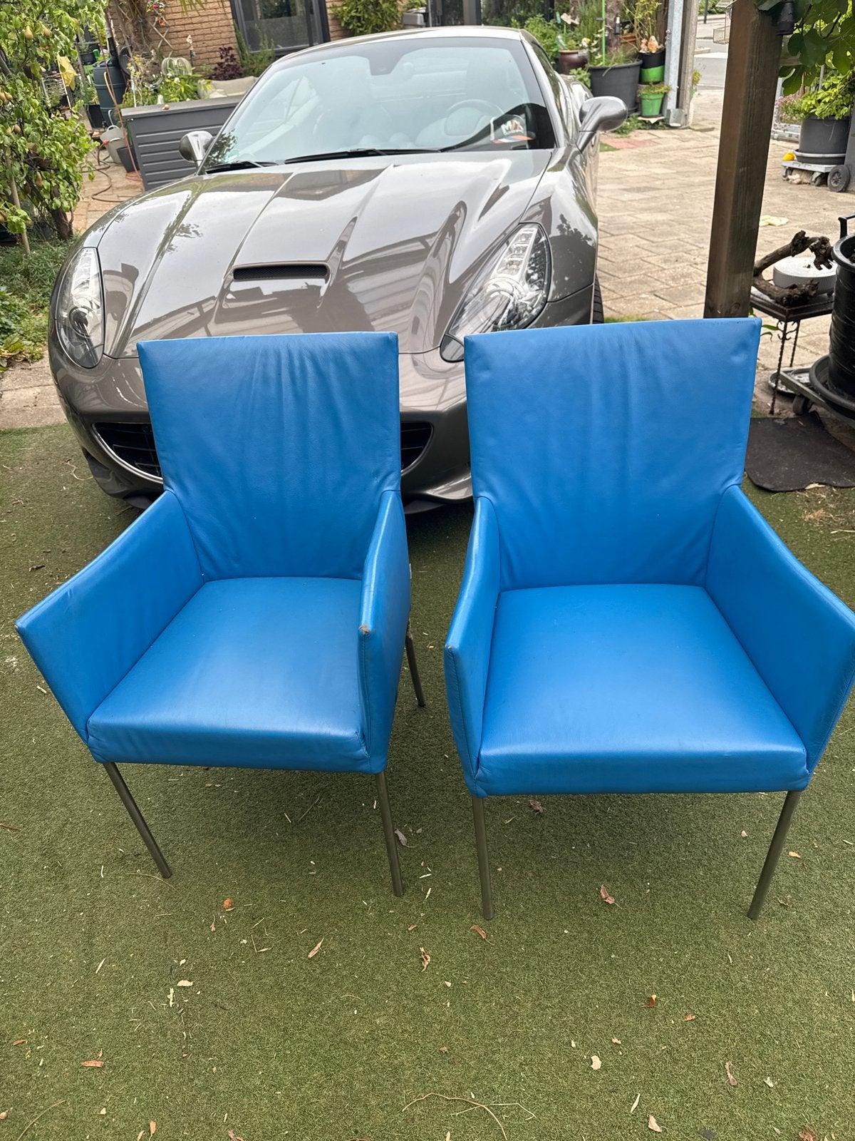 Set van 2 Bert Plantagie stoelen, blauw leer, Huis en Inrichting, Stoelen, Ophalen, Gebruikt, Twee, Blauw