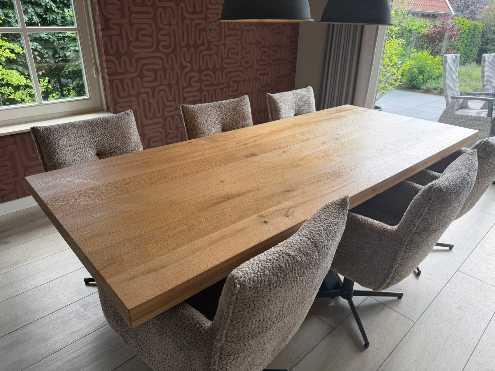 Eiken houten tafel met X-poot 240 x 100, Ophalen, Rechthoekig, 200 cm of meer, 100 tot 150 cm