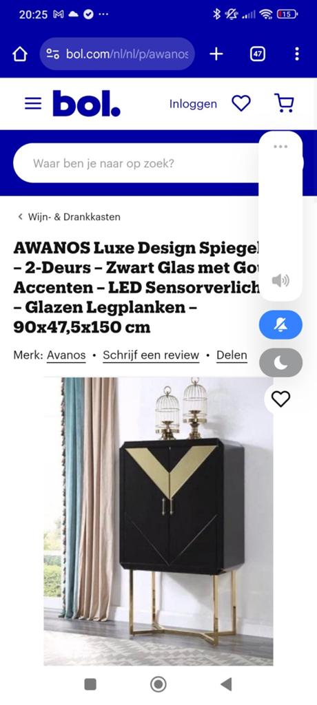 Awanos Luxe Design Kast Zwart Goud Spiegel Glas, Ophalen of Verzenden, Nieuw
