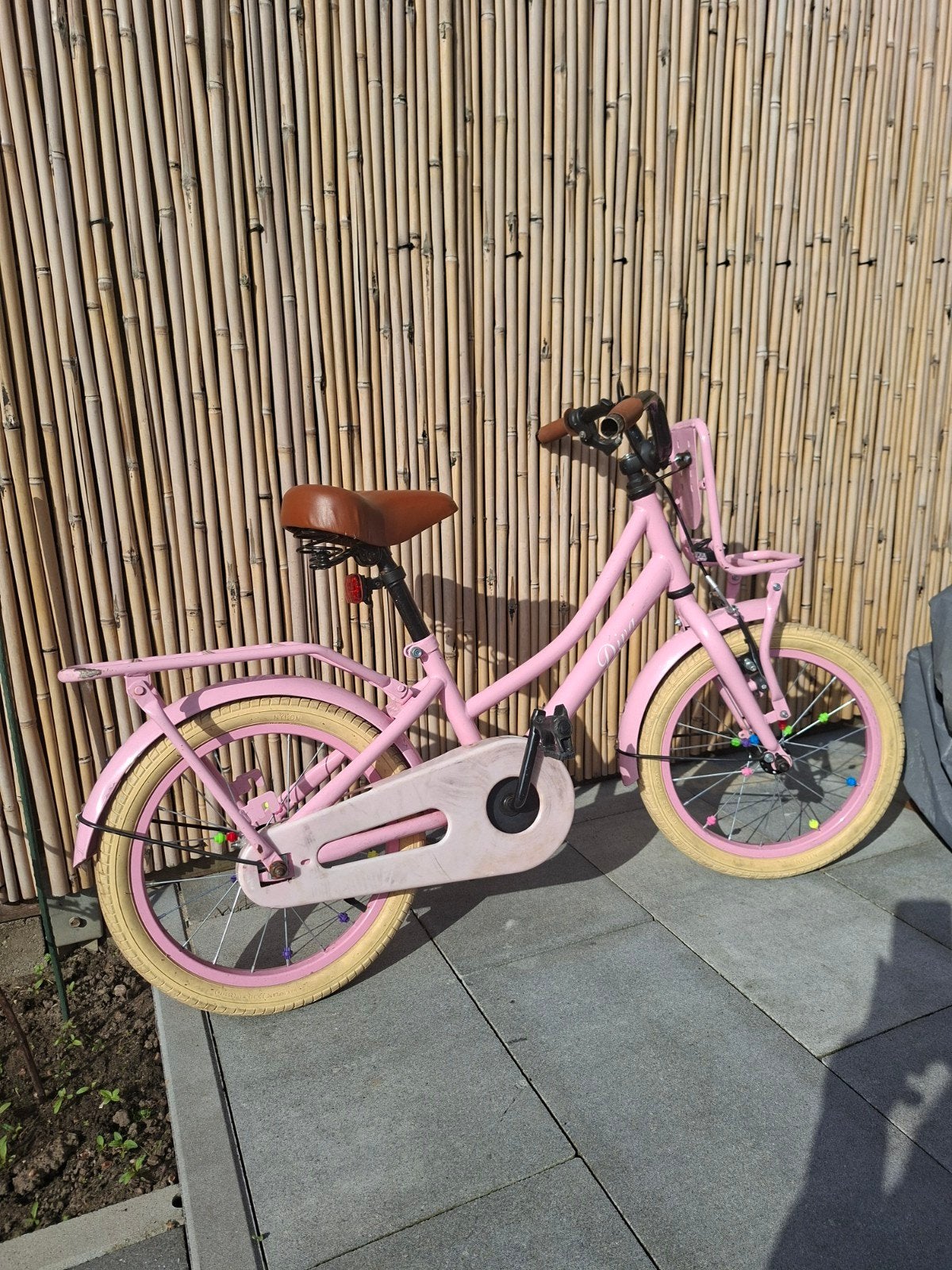 Roze kinderfiets met voordrager en terugtraprem, Ophalen of Verzenden, Gebruikt, 16 tot 20 inch, Diva