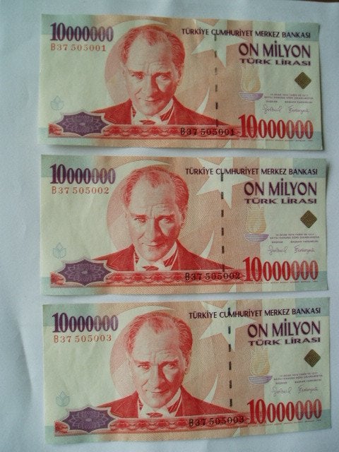 1755. Turkije, 3 X 10.000.000 lirasi 1970(1999) UNC Atatürk., Verzenden, Midden-Oosten, Setje