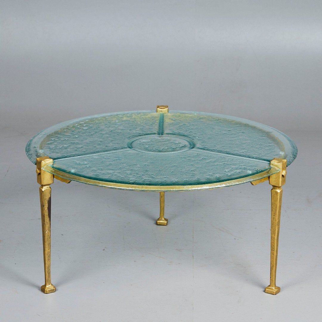 Brutalist salontafel 80s smeedijzer glas Lothar Klute, Ophalen, Rond, Glas, 100 tot 150 cm