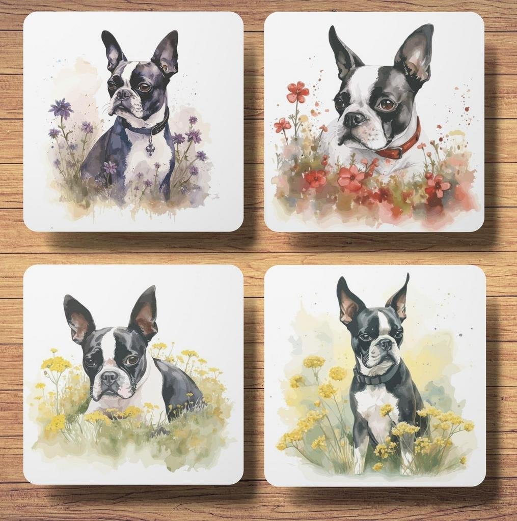 Boston Terriër Aquarel onderzetters met houder, Huis en Inrichting, Ophalen of Verzenden, Nieuw