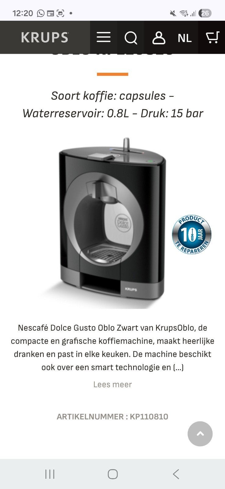 Krups Nescafé Dolce Gusto Oblo Zwart Koffiemachine, Ophalen, Gebruikt, Koffiemachine, 2 tot 4 kopjes