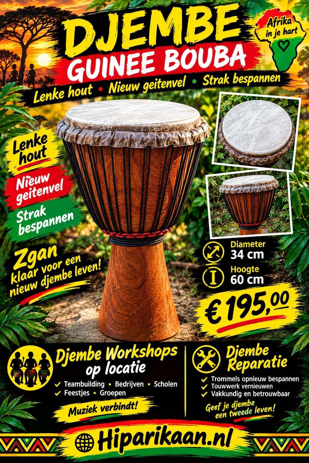 Djembe Guinee Bouba - Nieuw geitenvel, strak bespannen, Muziek en Instrumenten, Ophalen of Verzenden, Zo goed als nieuw
