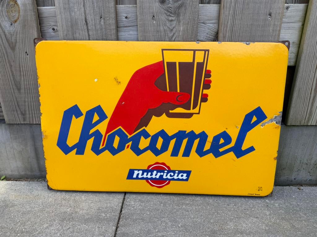 Chocomel emaille reclamebord, Reclamebord, Gebruikt, I, Ophalen of Verzenden