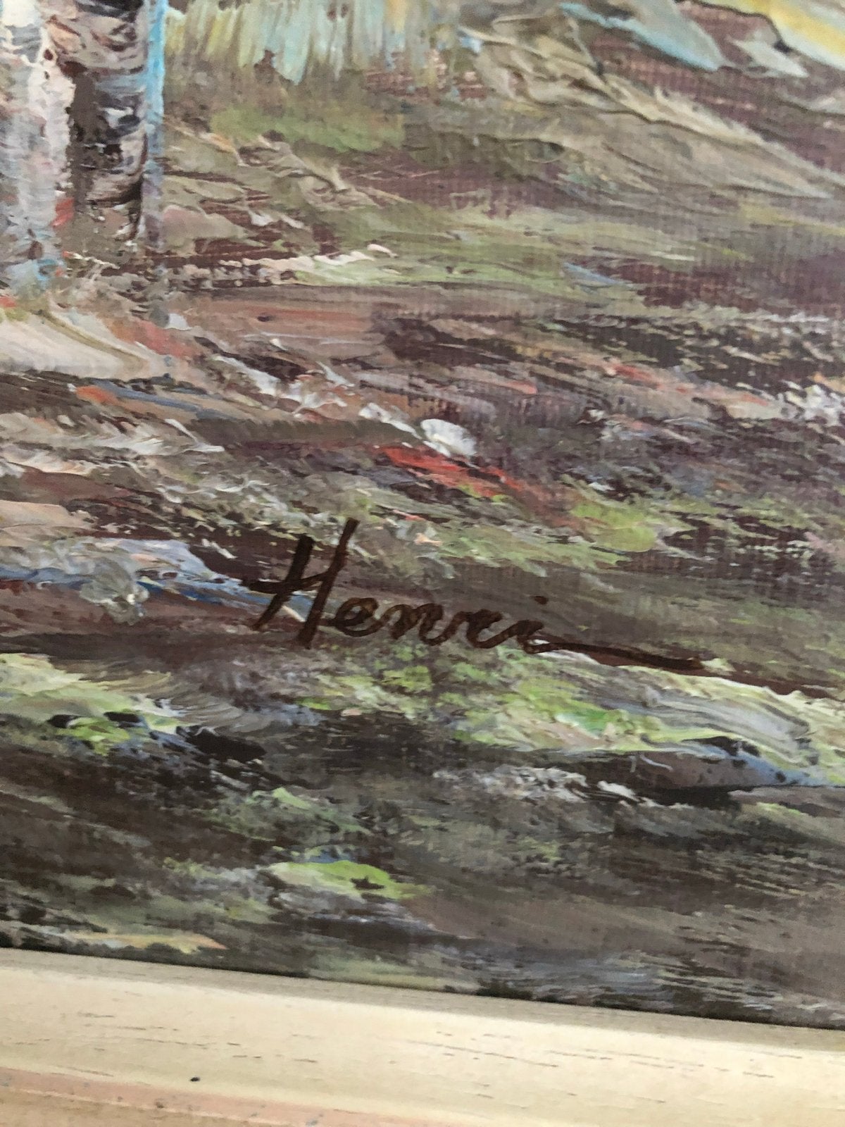 Schilderij gesigneerd Henri - Berglandschap met water, Antiek en Kunst, Kunst | Schilderijen | Klassiek, Ophalen, Doek, Realistisch