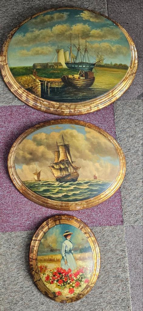 Set van 3 ovale schilderijen: maritiem en vrouw in bloemen, Ophalen of Verzenden