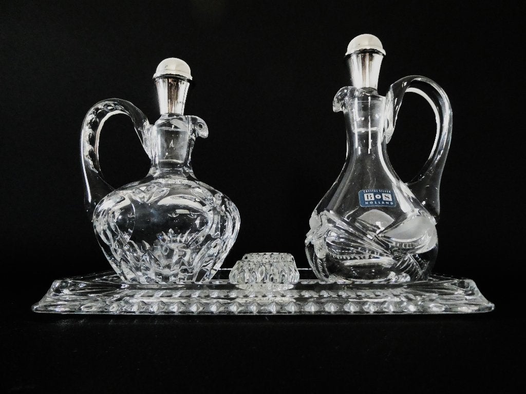 Nederlands olie en azijn stel met zilver 925 flessenstop CBZ, Antiek en Kunst, Antiek | Glas en Kristal, Ophalen of Verzenden