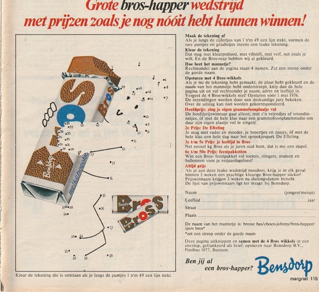 Retro reclame 1976 Bensdorp Bros chocolade wedstrijd, Verzenden, Overige typen