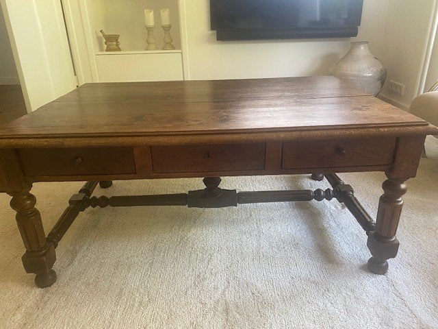 Bijzondere Salontafel massief eiken Louis XII stijl, Ophalen, Gebruikt, 100 tot 150 cm, Eikenhout