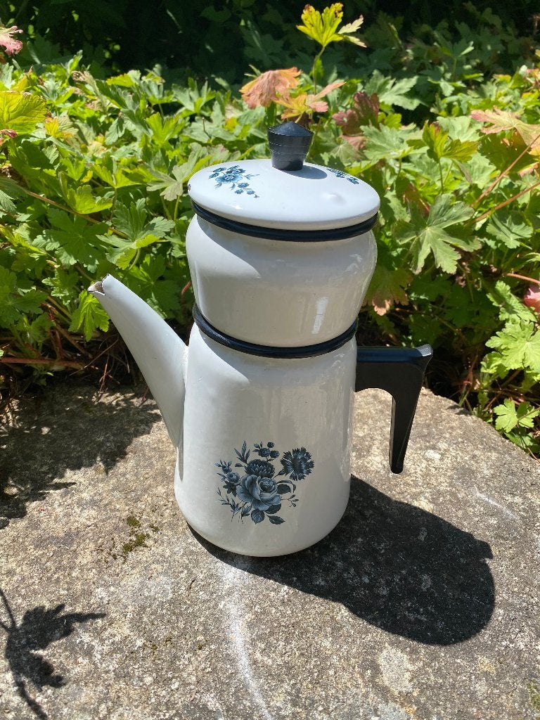 Brocante emaille koffiepot/koffiekan wit/ blauw gebloemd, Antiek en Kunst, Ophalen of Verzenden