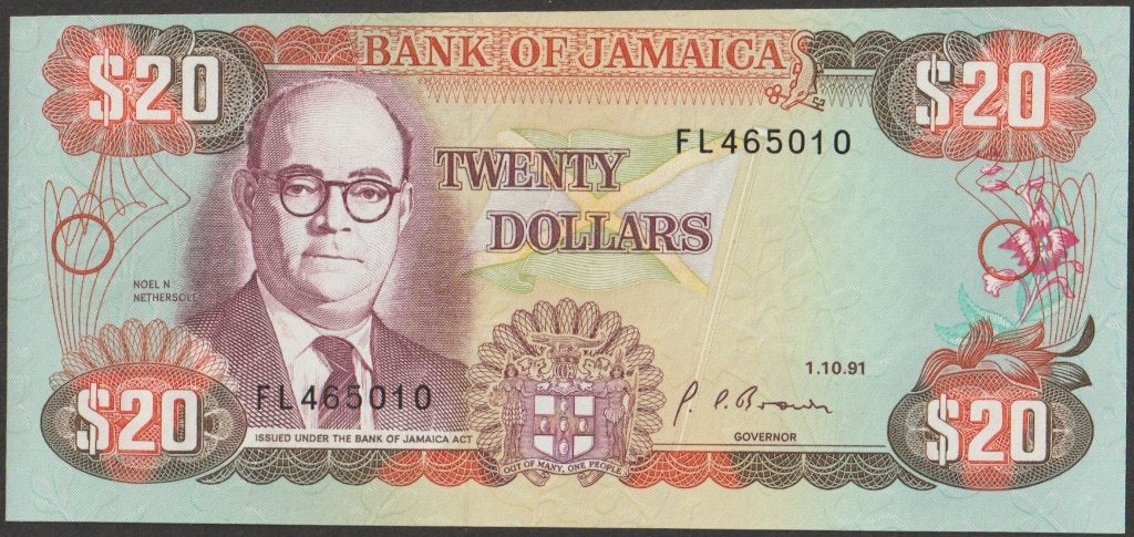 Jamaica 20 dollars 1991 UNC p.72d (# 93)