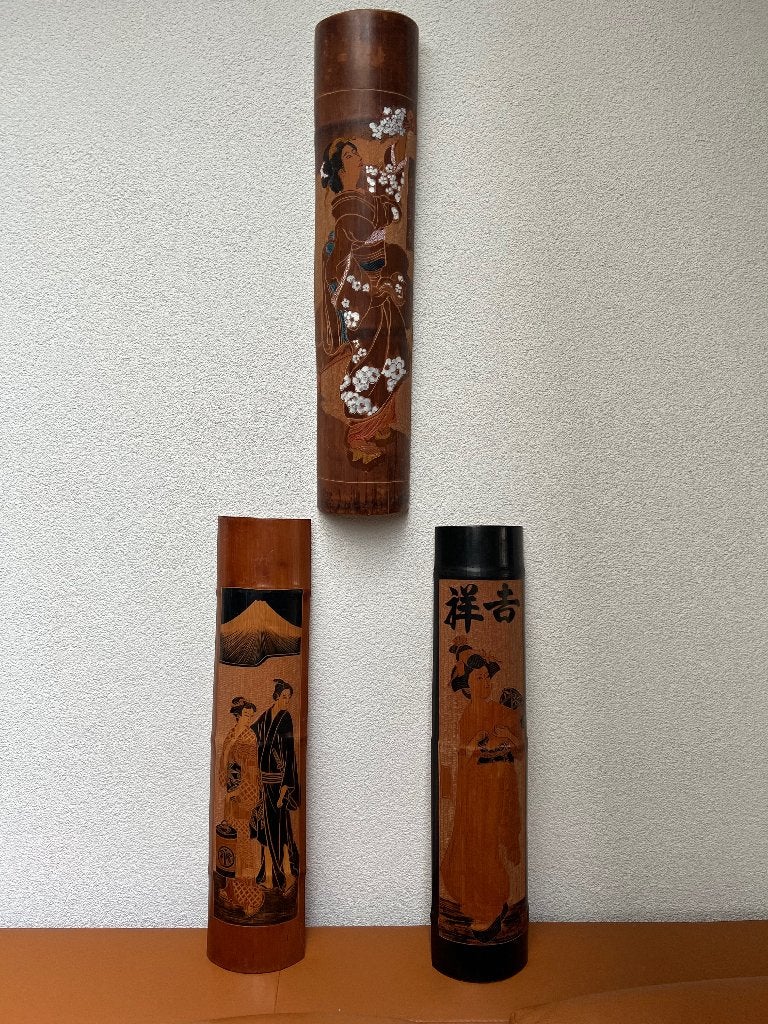 Japans Bamboe carving Japanse beschilderd Uniek snijwerk, Hout, Wanddecoratie, Bruin, Ophalen of Verzenden