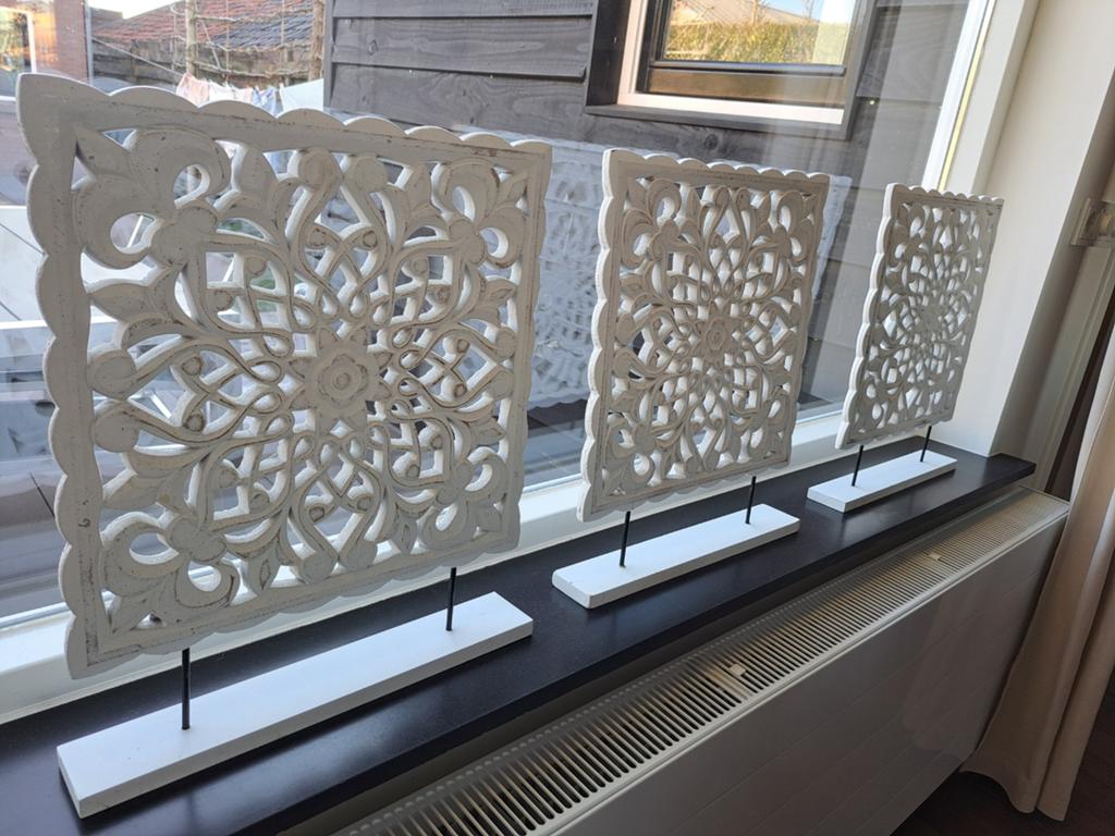 Set van 3 decoratieve panelen met houtsnijwerk, Huis en Inrichting, Hout, Ophalen of Verzenden, Wit, Landelijk