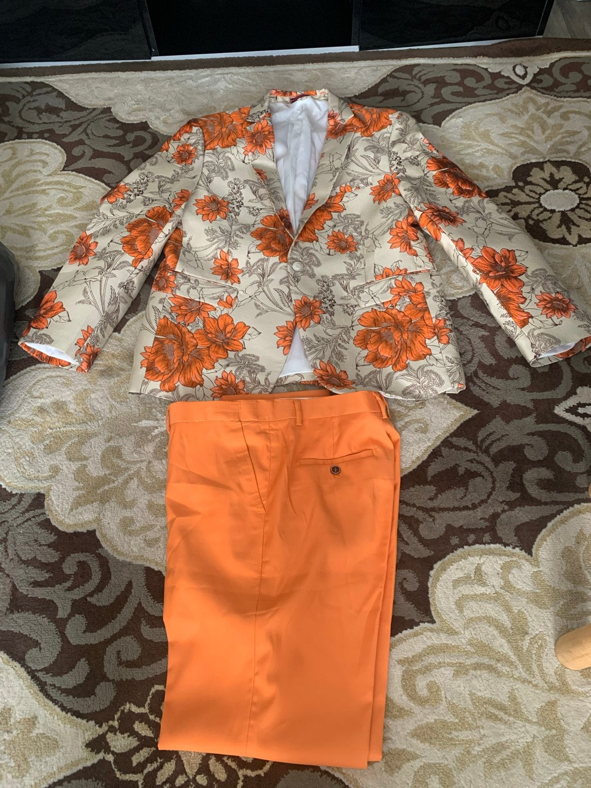Oranje bloemenprint colbert met effen oranje broek, Kleding | Heren, Ophalen of Verzenden, Zo goed als nieuw, Overige maten, Oranje